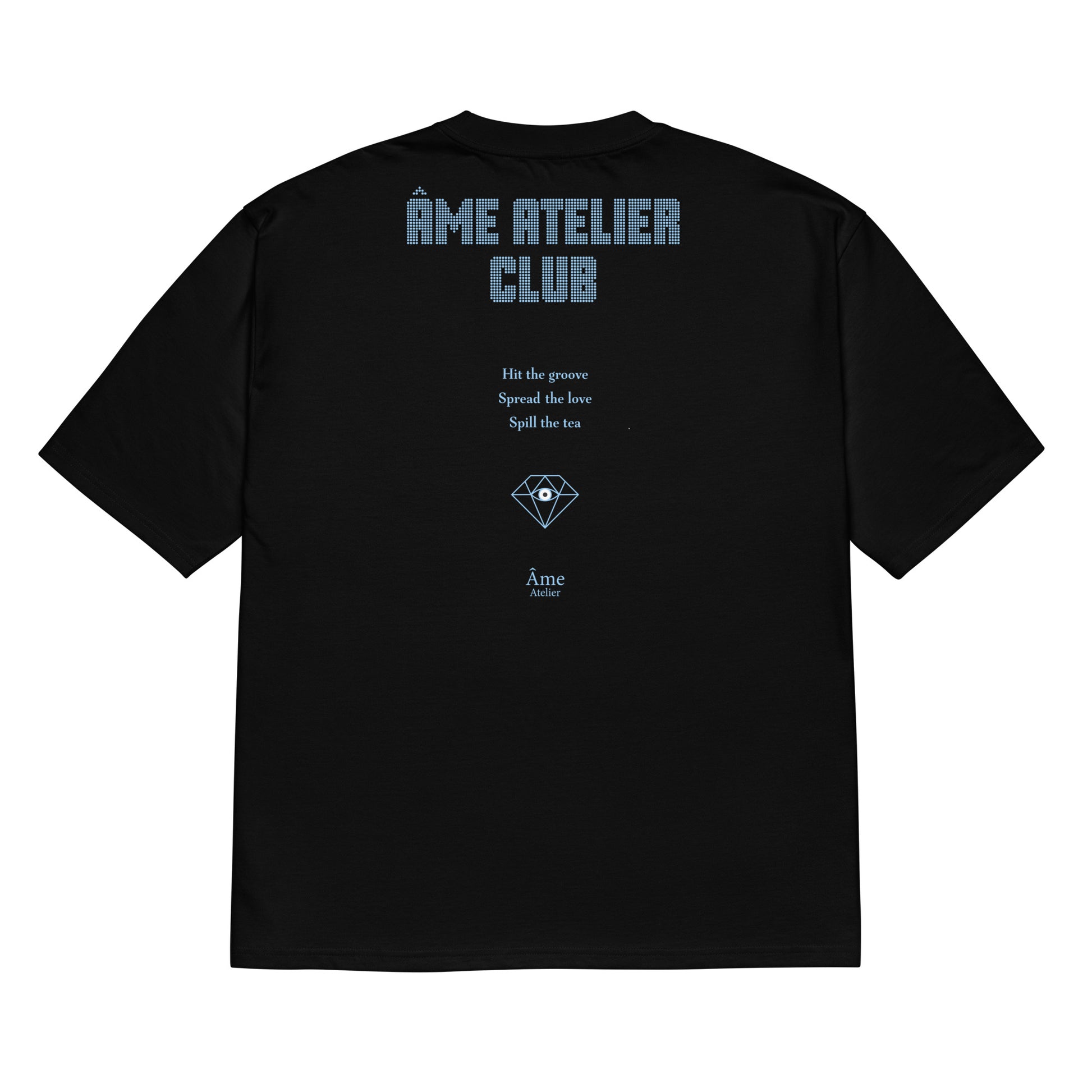 Back view of Âme Atelier Club oversized t-shirt in black with frozen blue details