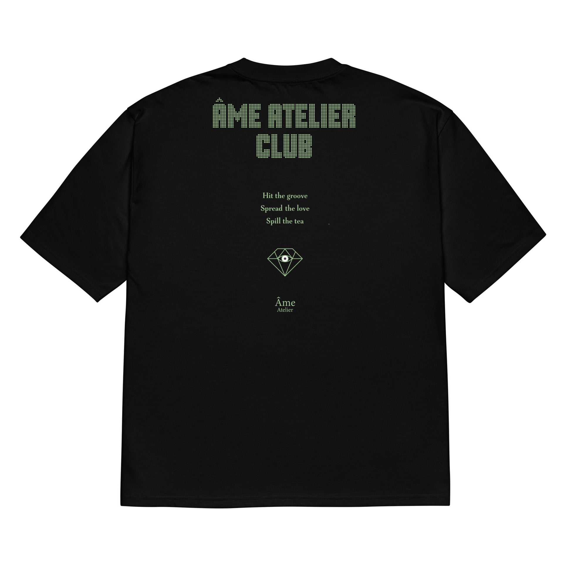 Back view of Âme Atelier Club oversized t-shirt in black with pistachio details