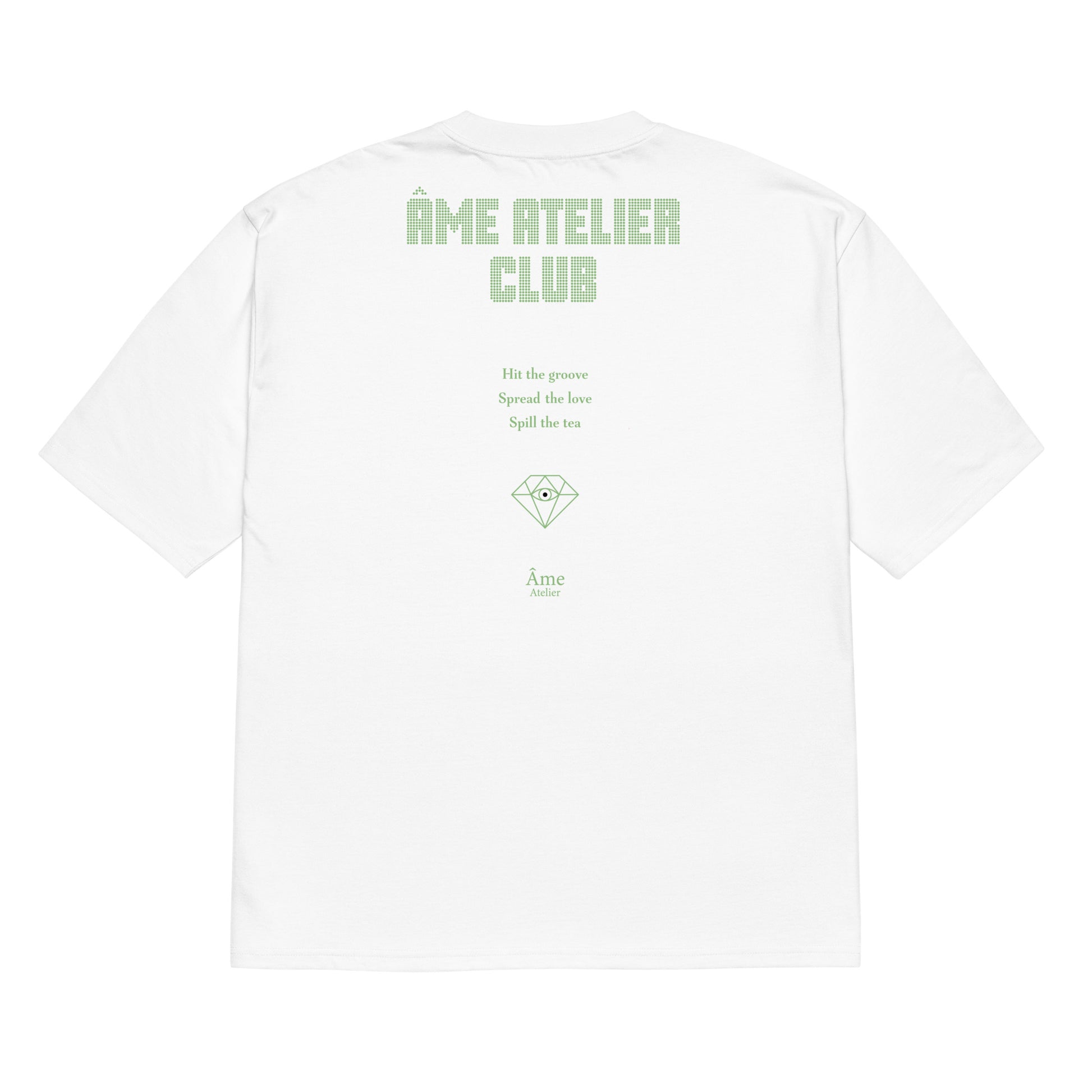 Back view of Âme Atelier Club oversized t-shirt in white with pistachio details