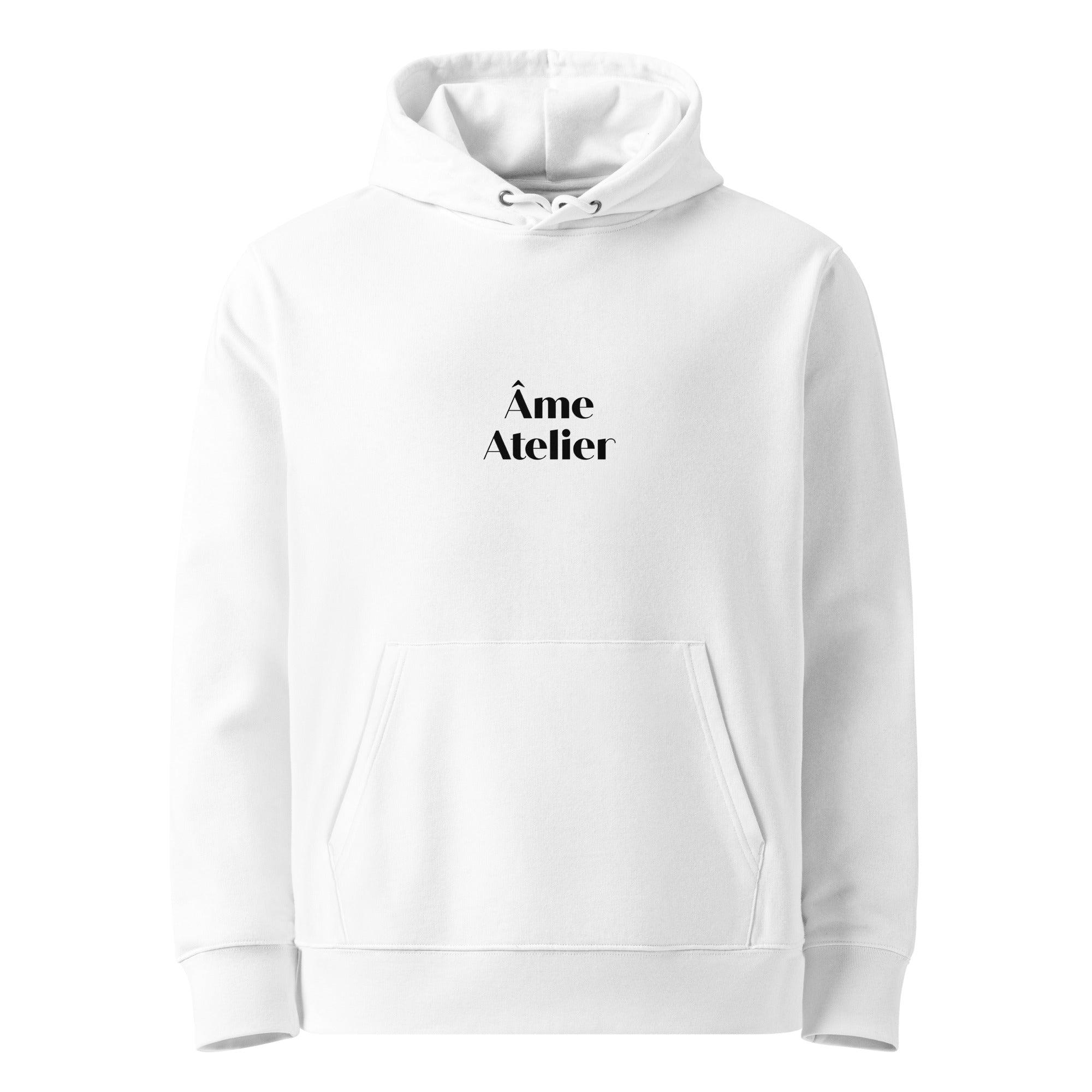 Front view of Âme Atelier white organic cotton signature hoodie.