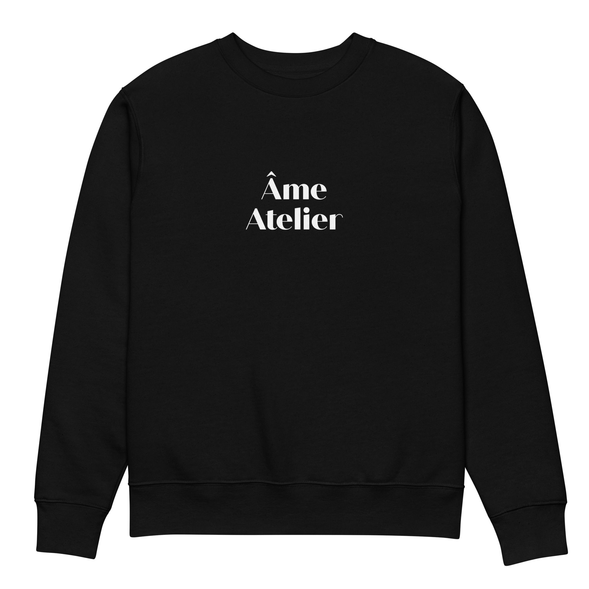 Front view of Âme Atelier signature black sweatshirt in organic cotton