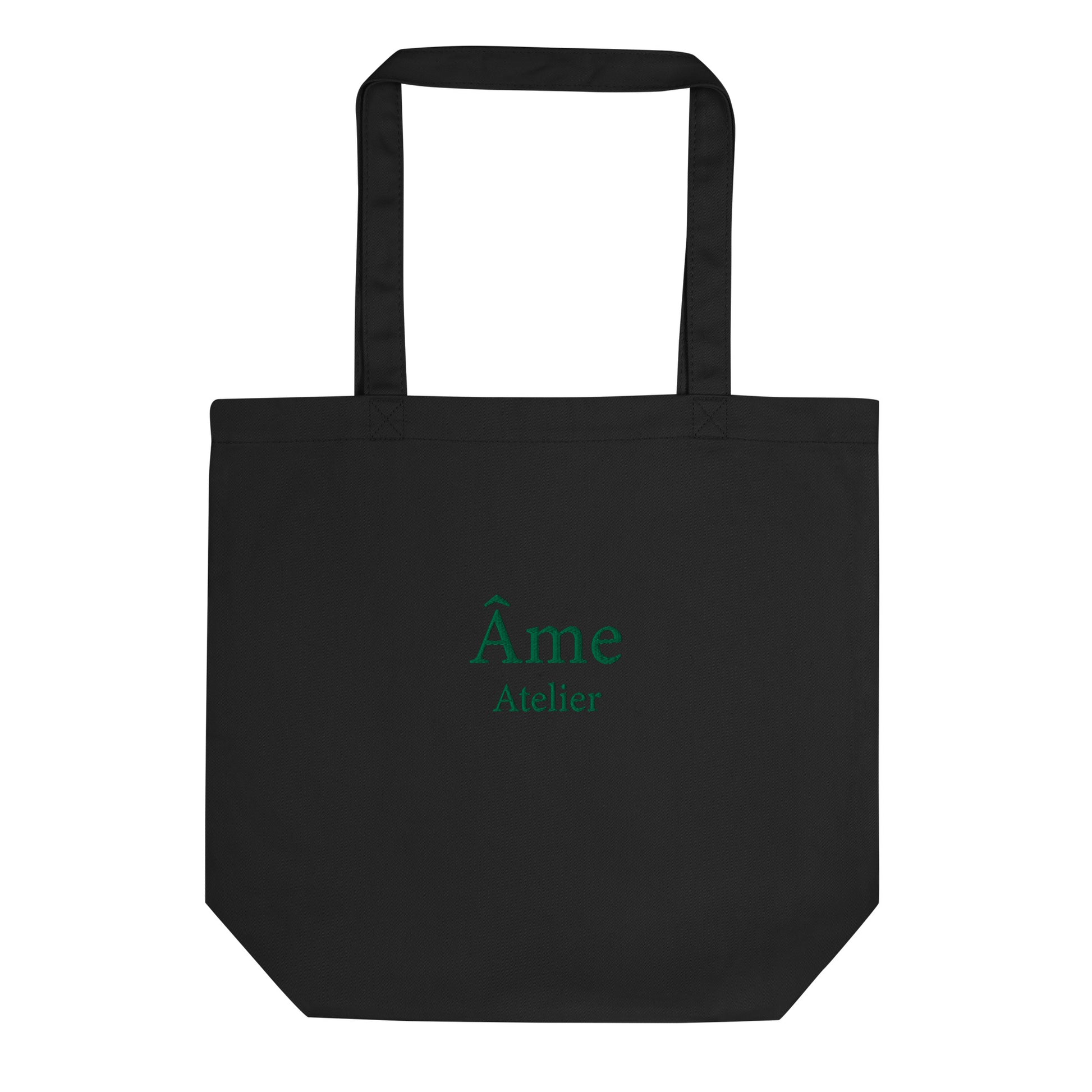 Front view of Âme Atelier embroidered tote bag in black