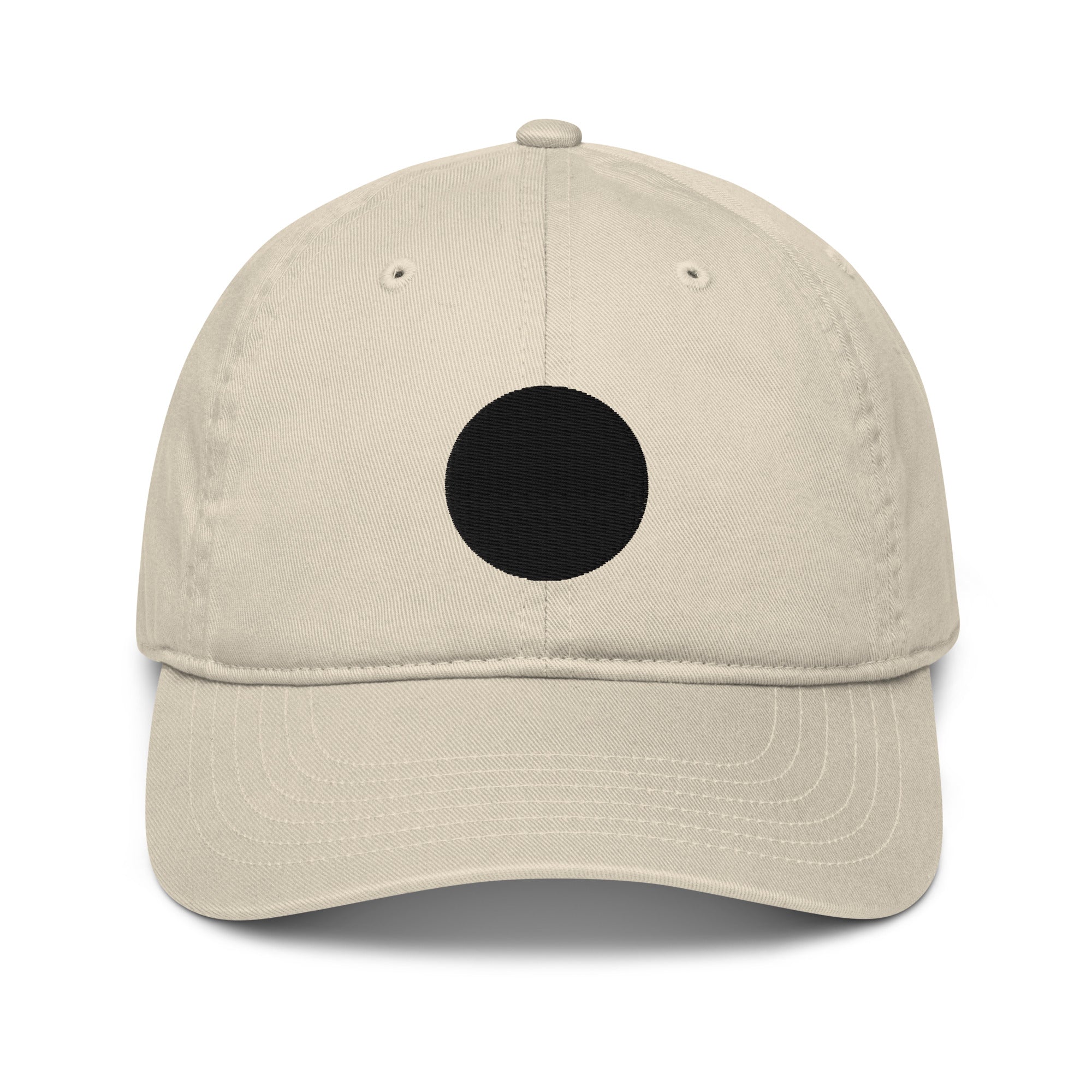 Front view of Black Sun beige cap in organic cotton with an embroidered black sun