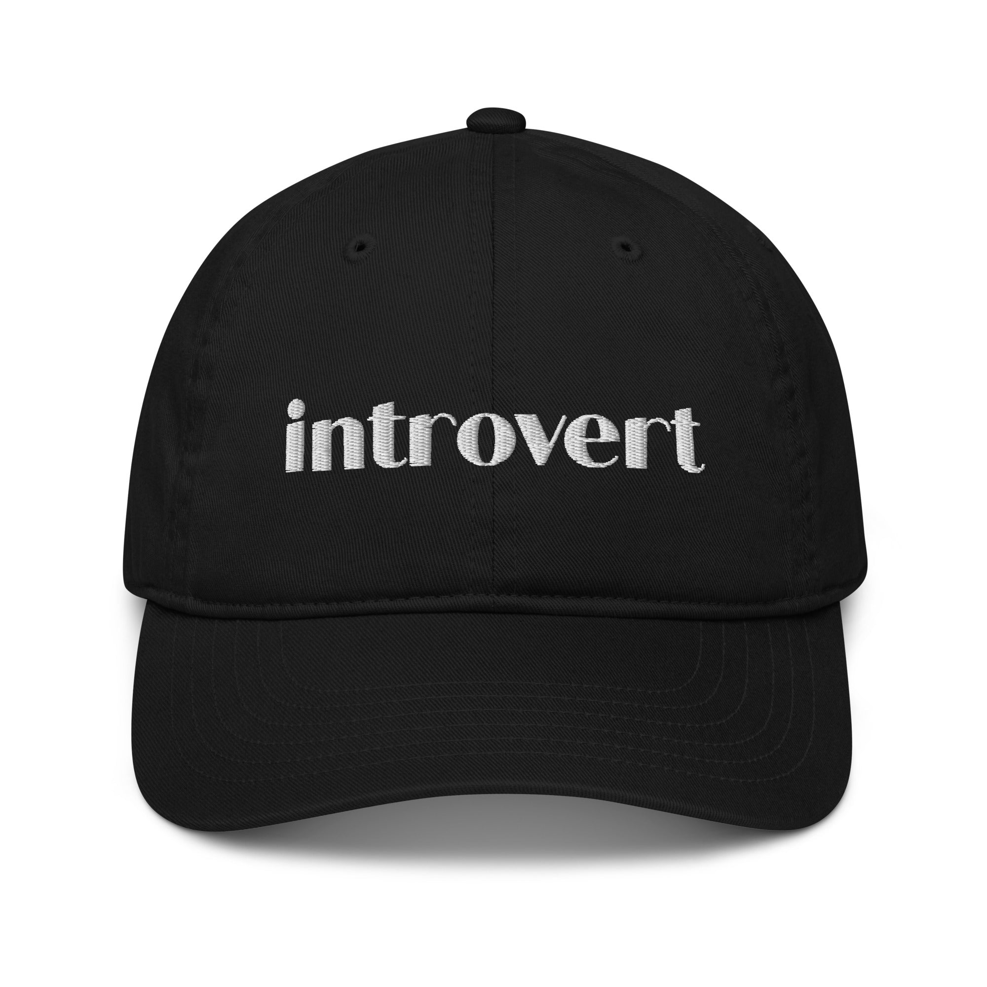 Front view of Introvert black cap in organic cotton with the word introvert embroidered