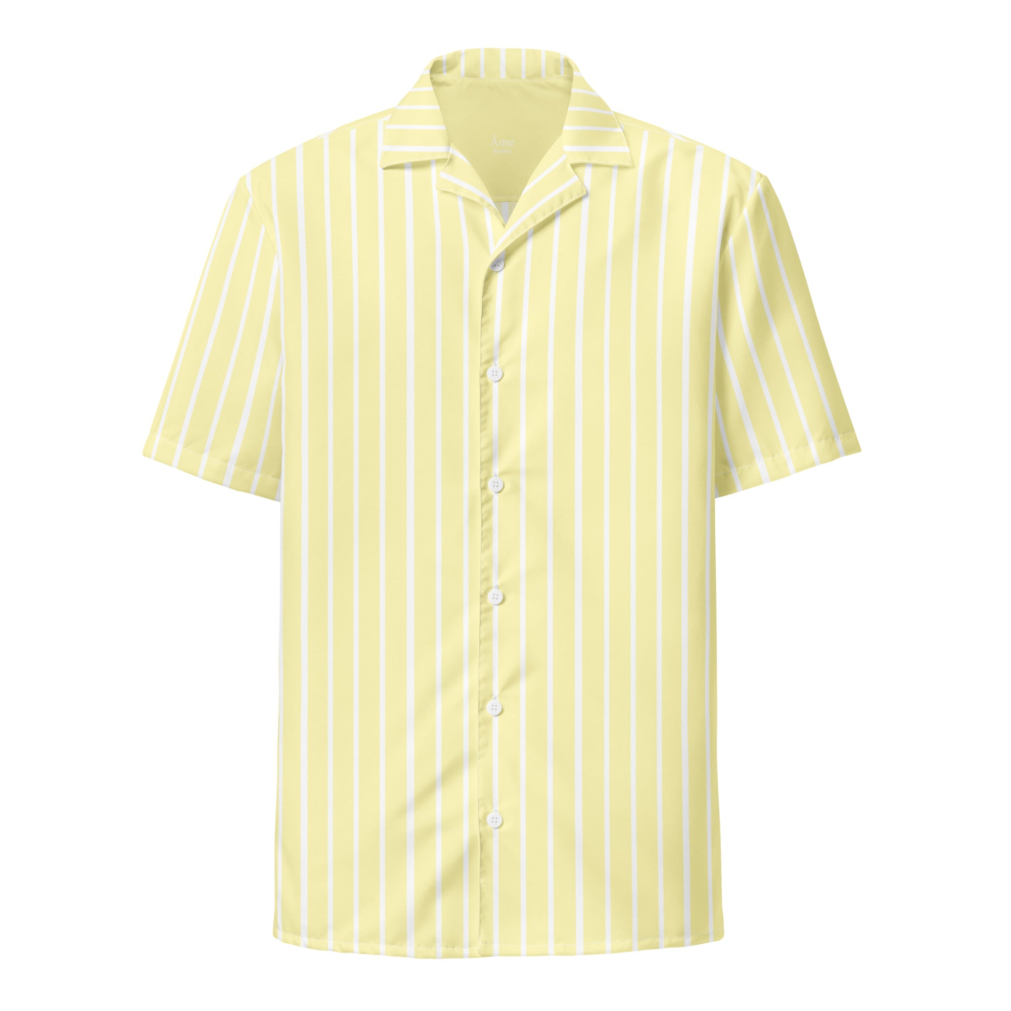 Front view of La Rayée striped shirt in soft yellow