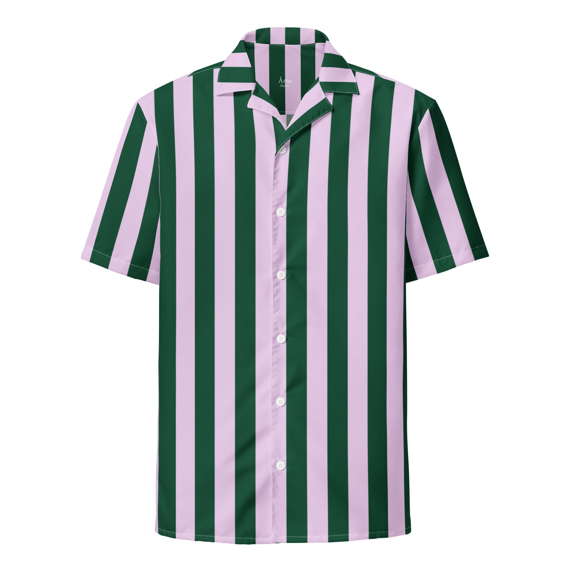 Front view of La Vibrante striped shirt in abyss green and powder pink