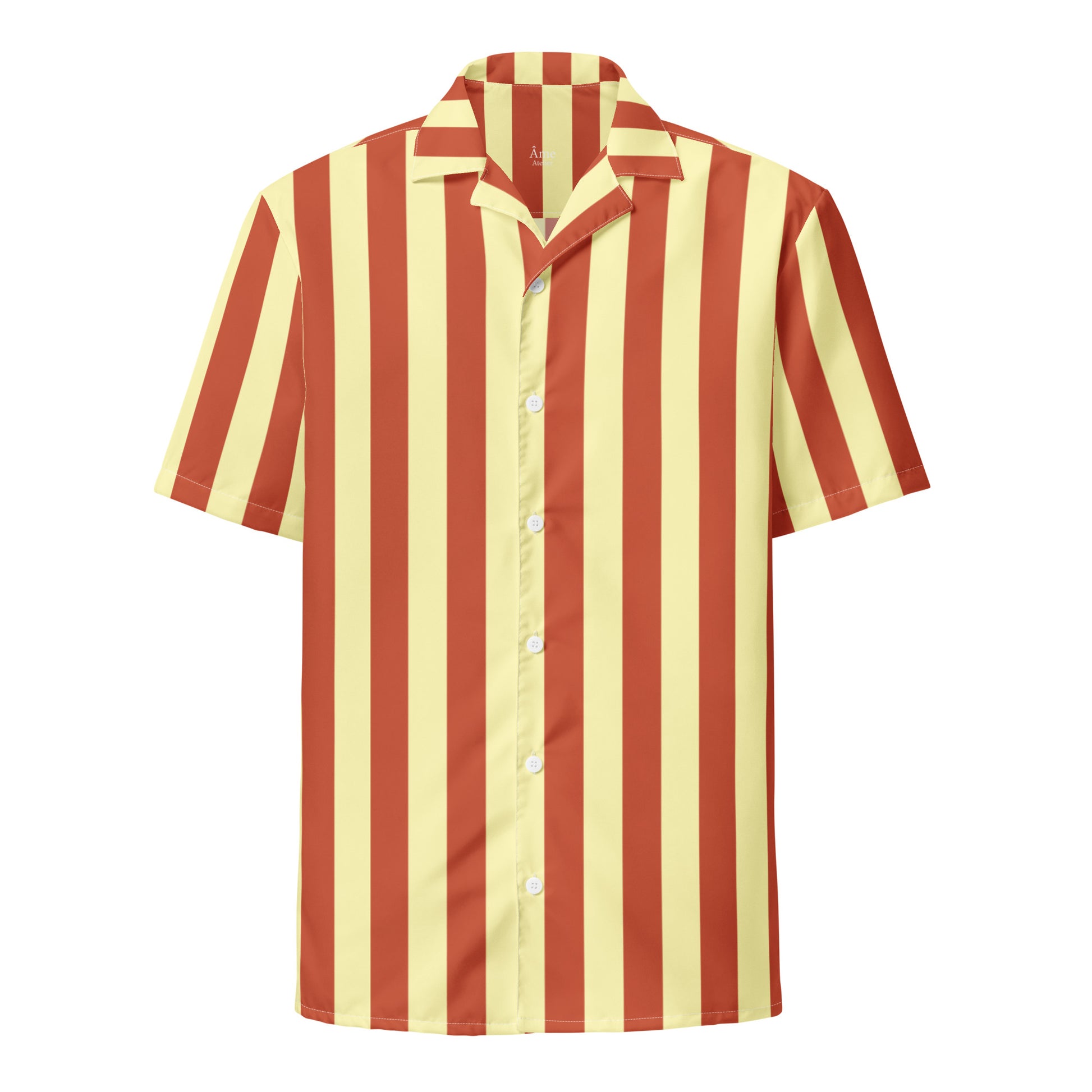 Front view of La Vibrante striped shirt in terracotta and soft yellow