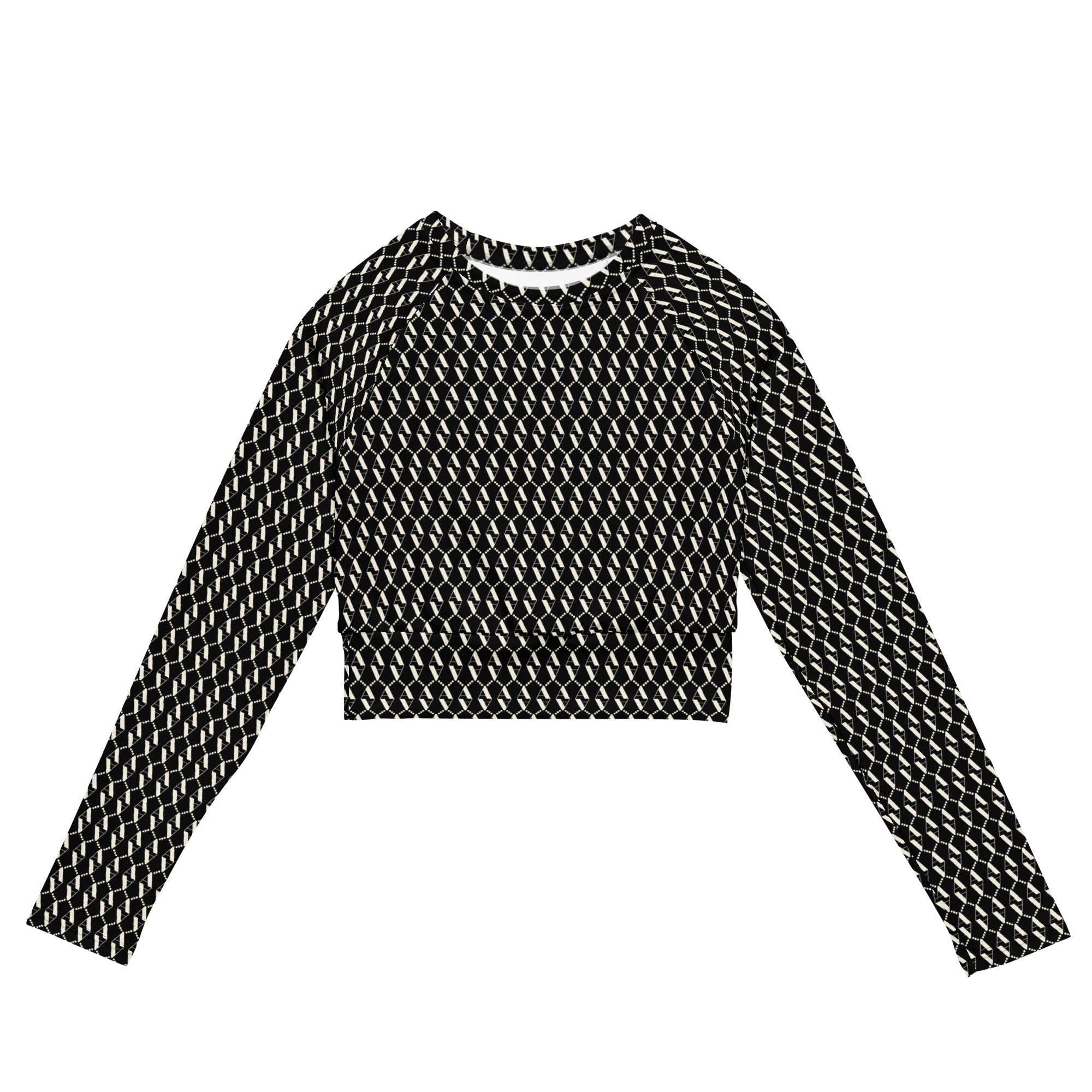 Front view of Le Monogramme recycled polyester crop top in black with iconic  monogramme printed