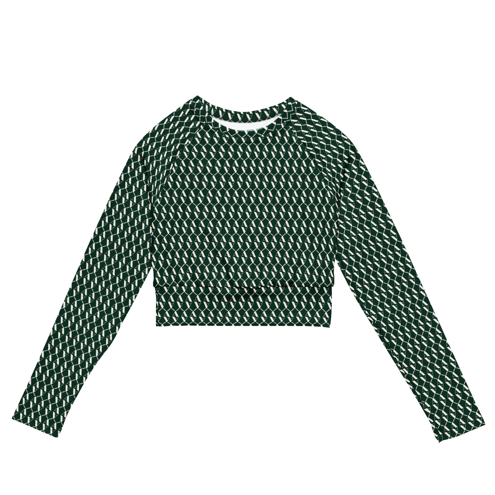 Front view of Le Monogramme recycled polyester crop top in green with iconic  monogram printed
