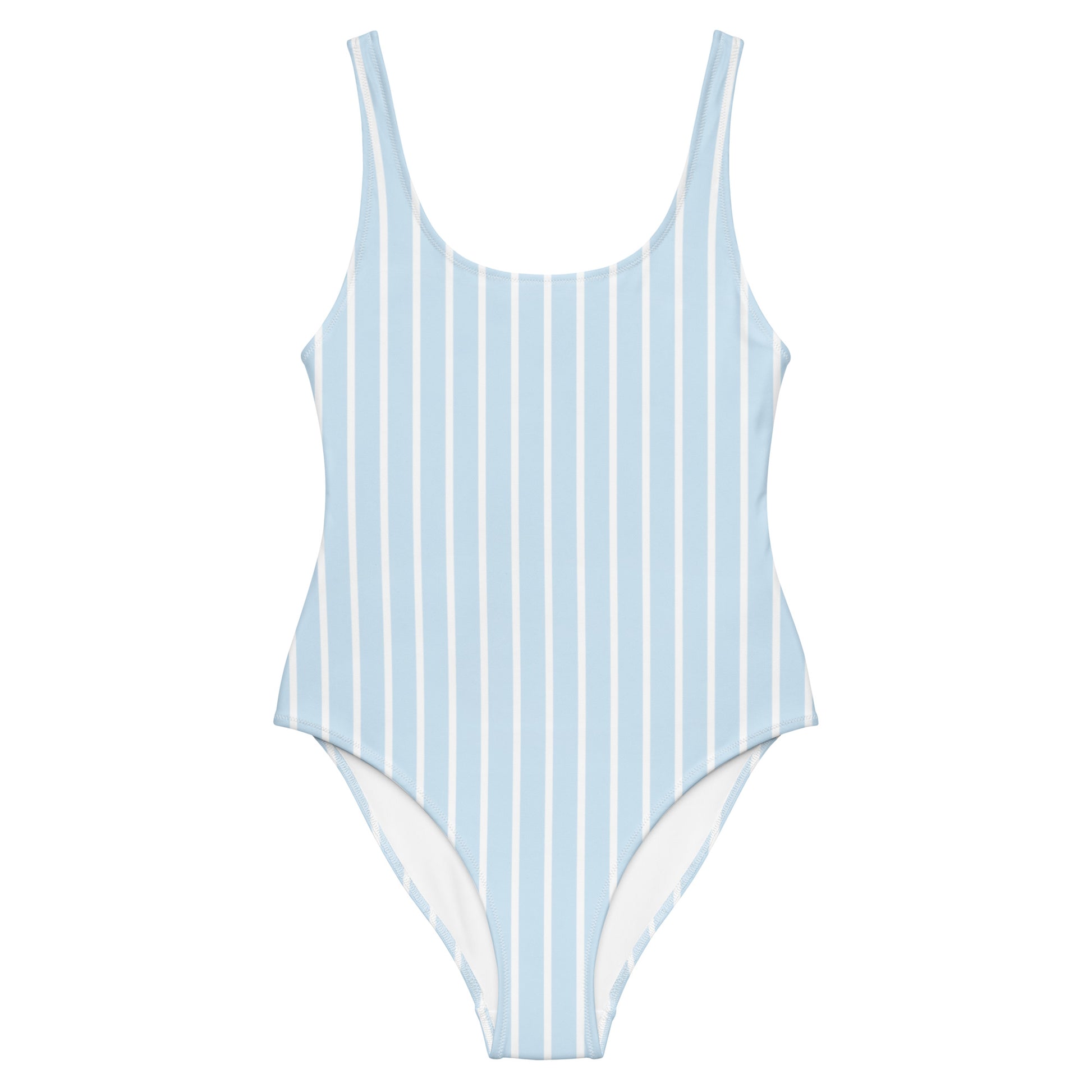 Front view of Le Rayé striped swimsuit in frozen blue