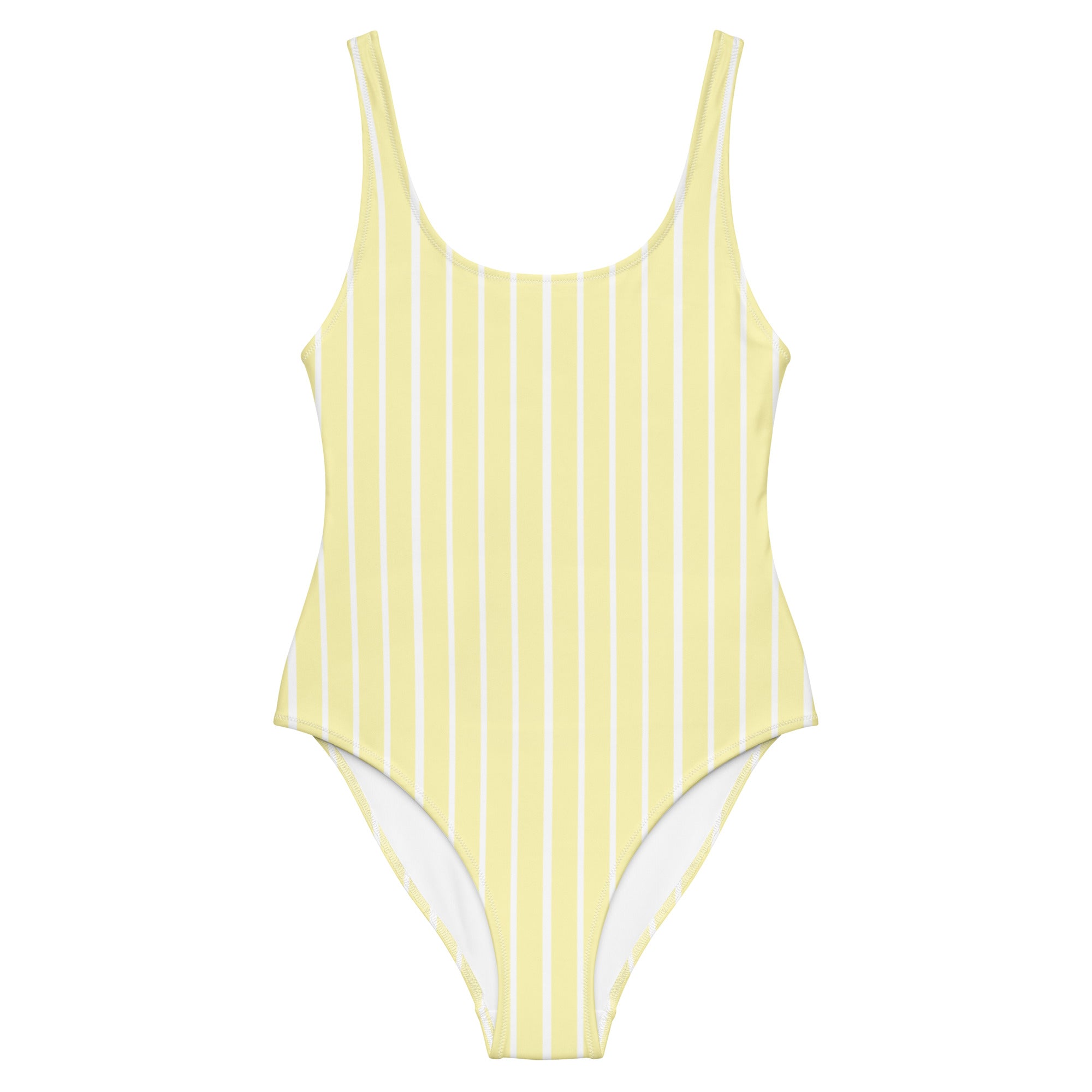 Front view of Le Rayé striped swimsuit in soft yellow