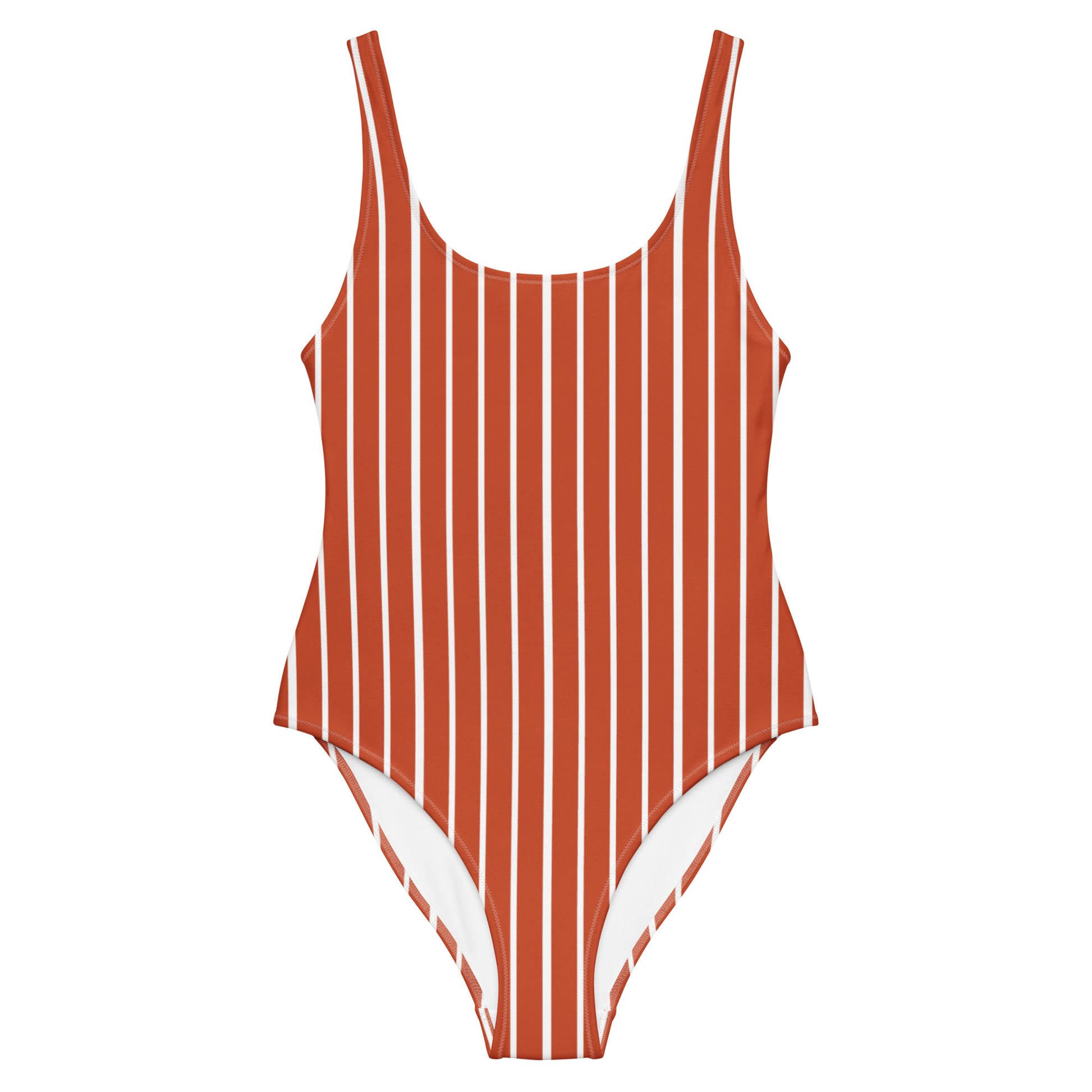 Front view of Le Rayé striped swimsuit in terracotta