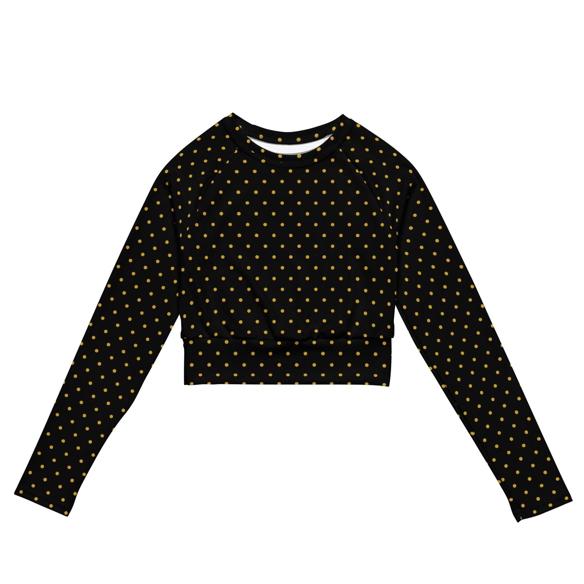 Front view of Les Pois recycled polyester crop top in black with yellow polka dots printed