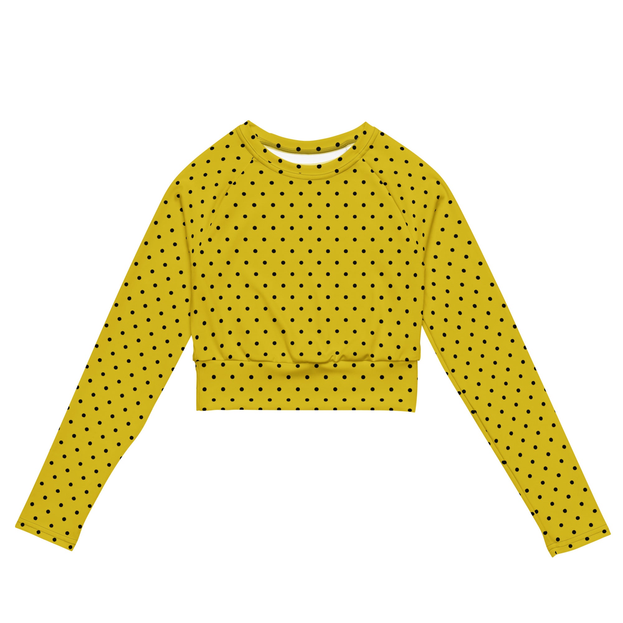 Front view of Les Pois recycled polyester crop top in yellow with black polka dots printed