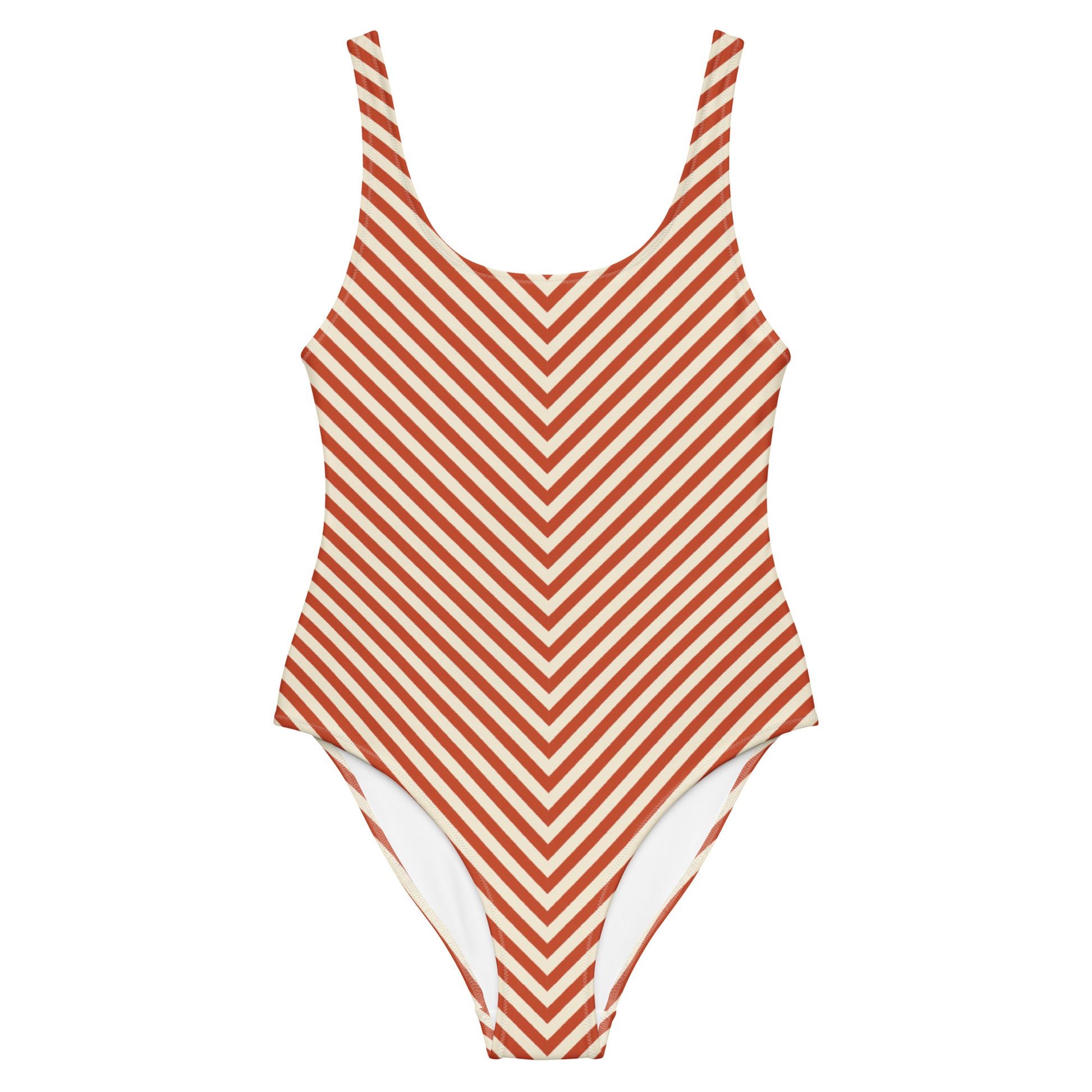 Front view of L'hypnotique striped swimsuit in terracotta