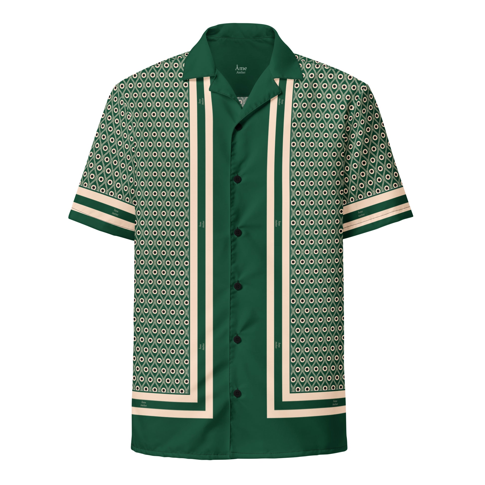 Front view of L'œil de paon peacock-print shirt in abyss green