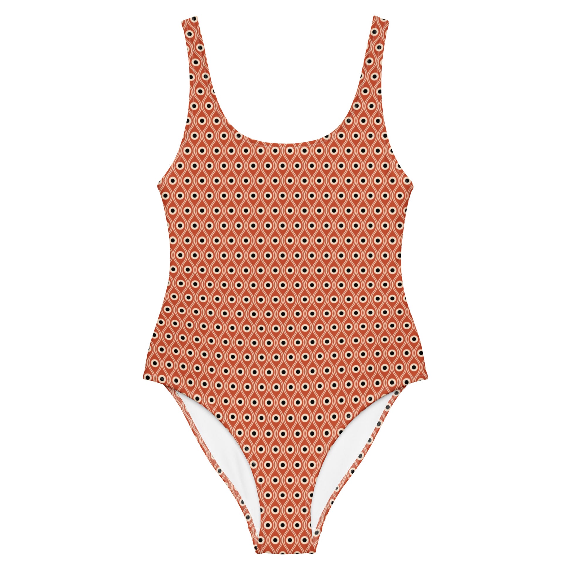 Front view of L'œil de paon peacock-print swimsuit in terracotta