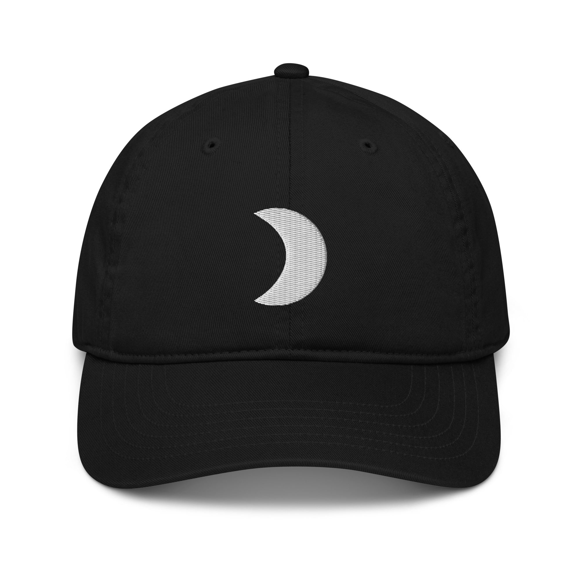 Front view of Moon black cap in organic cotton with an embroidered crescent moon