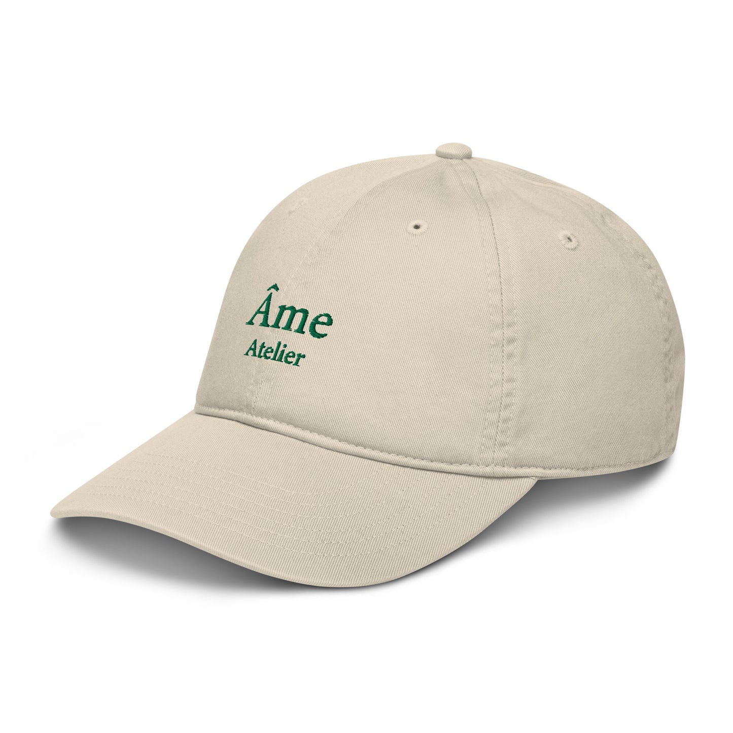 Side view of Âme Atelier embroidered cap in beige
