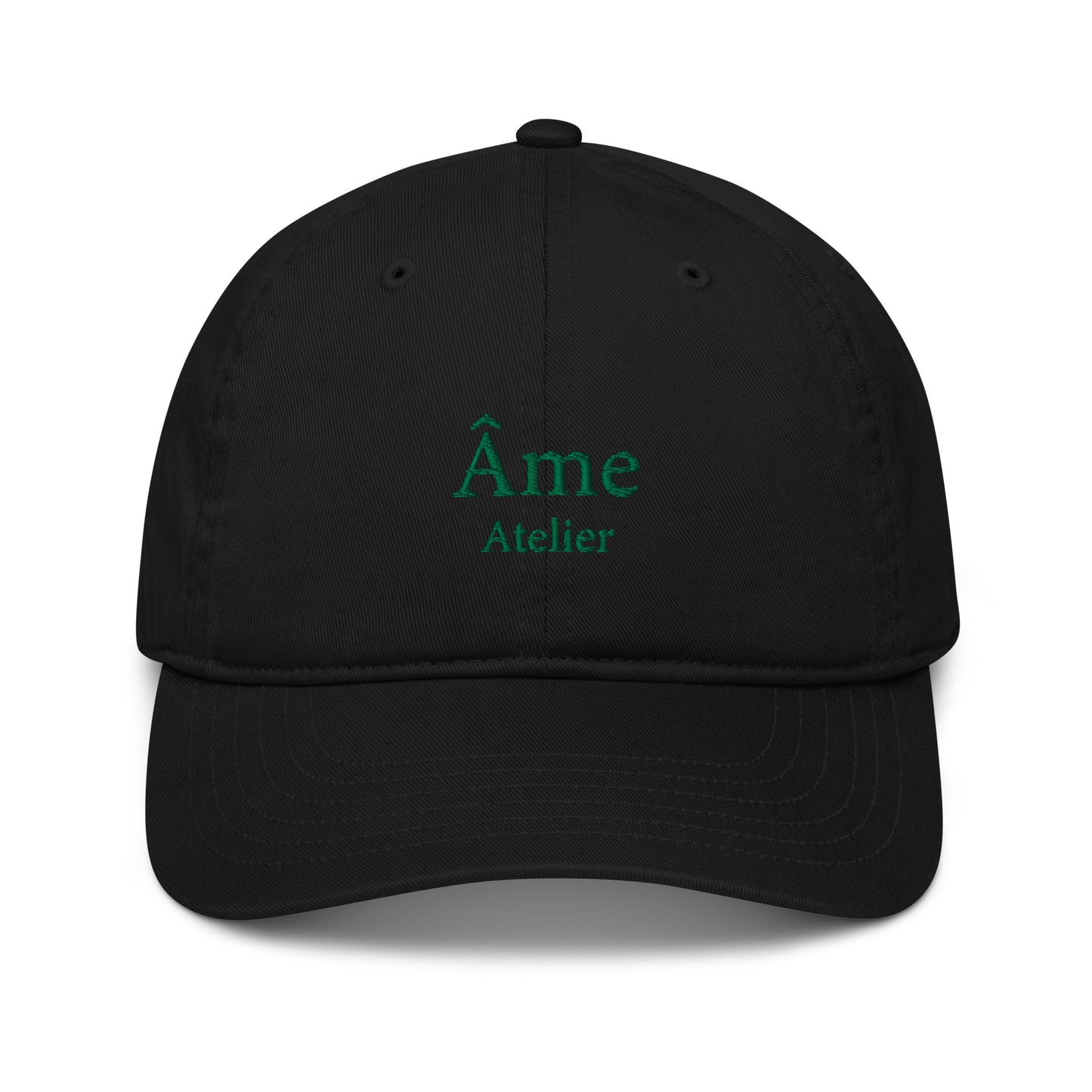 Front view of Âme Atelier embroidered cap in black