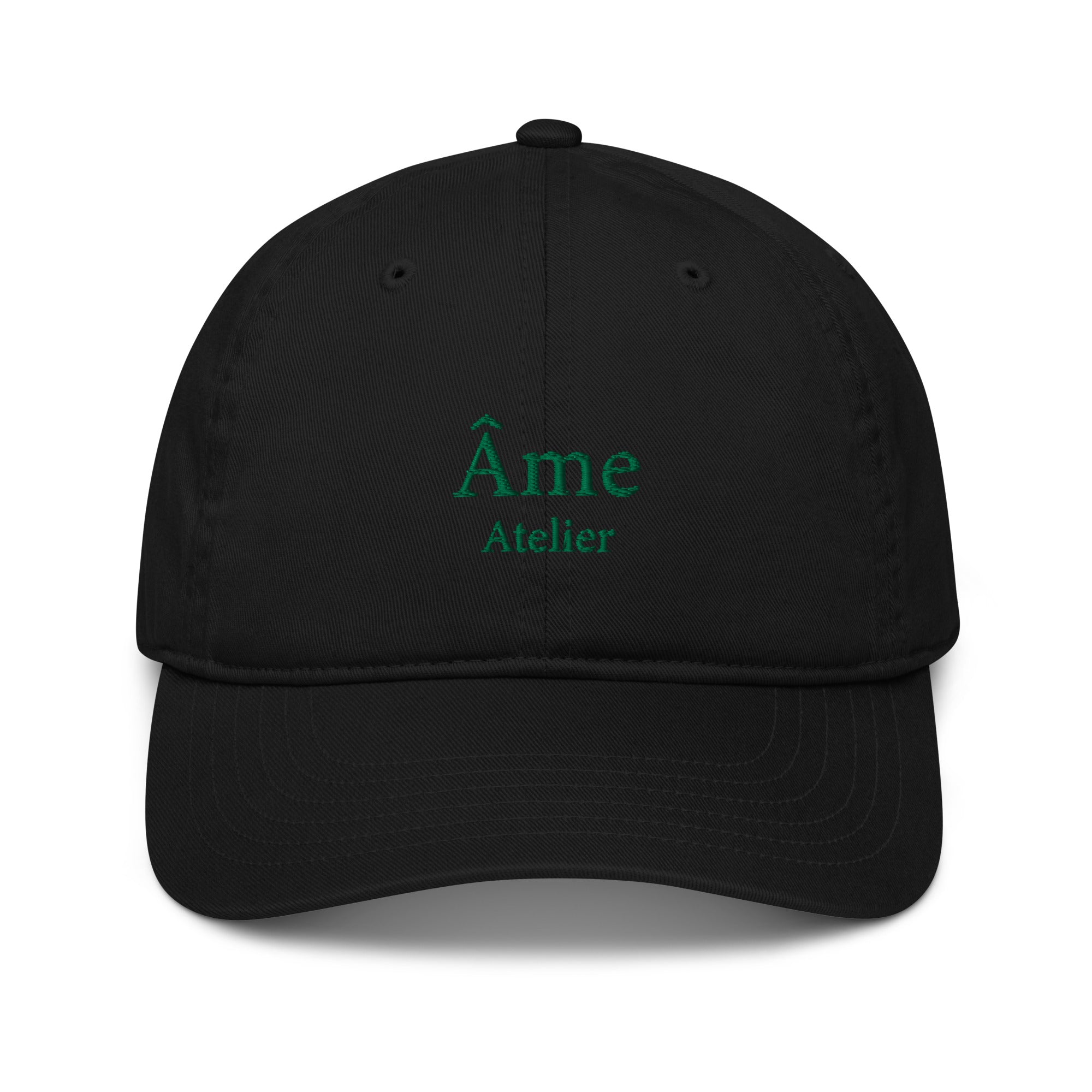 Front view of Âme Atelier embroidered cap in black