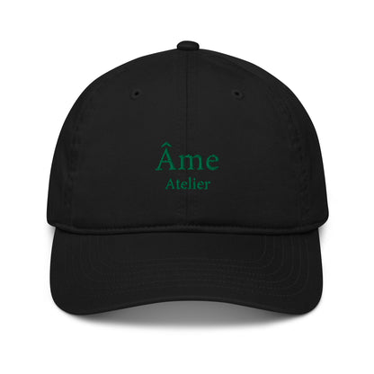 Front view of Âme Atelier embroidered cap in black