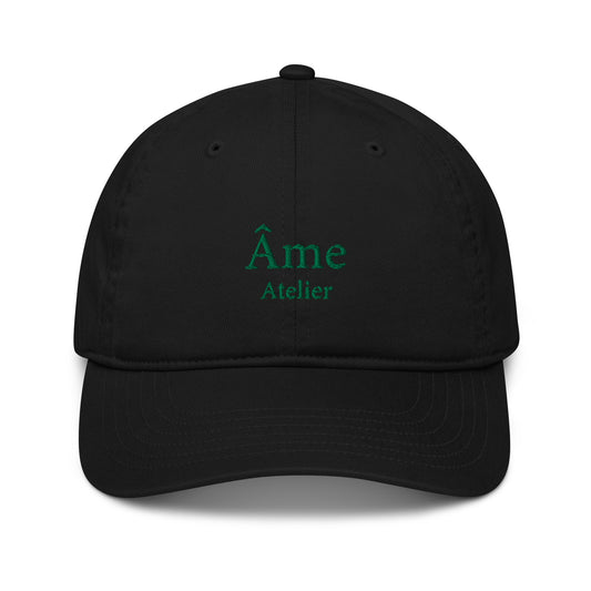 Front view of Âme Atelier embroidered cap in black