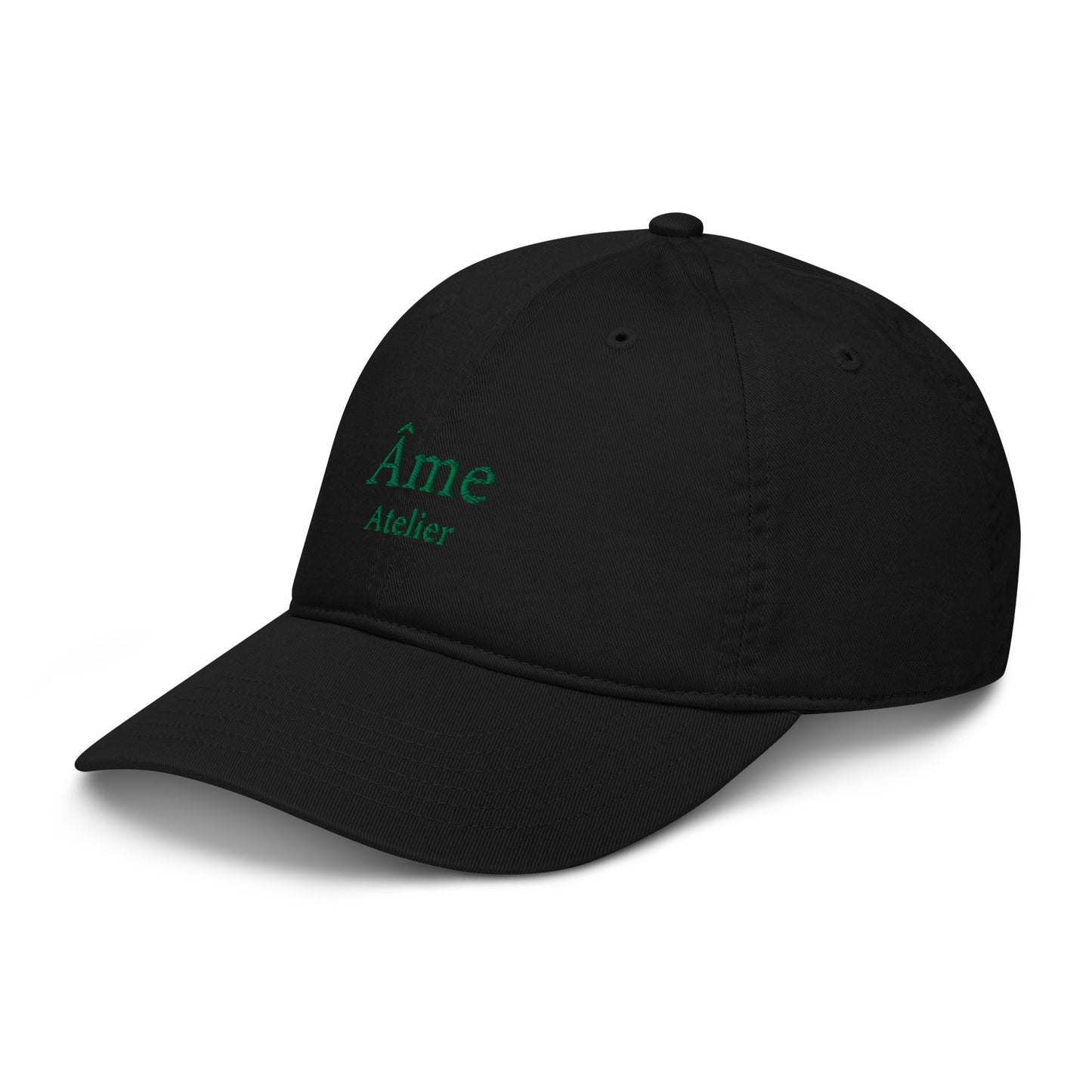 Side view of Âme Atelier embroidered cap in black