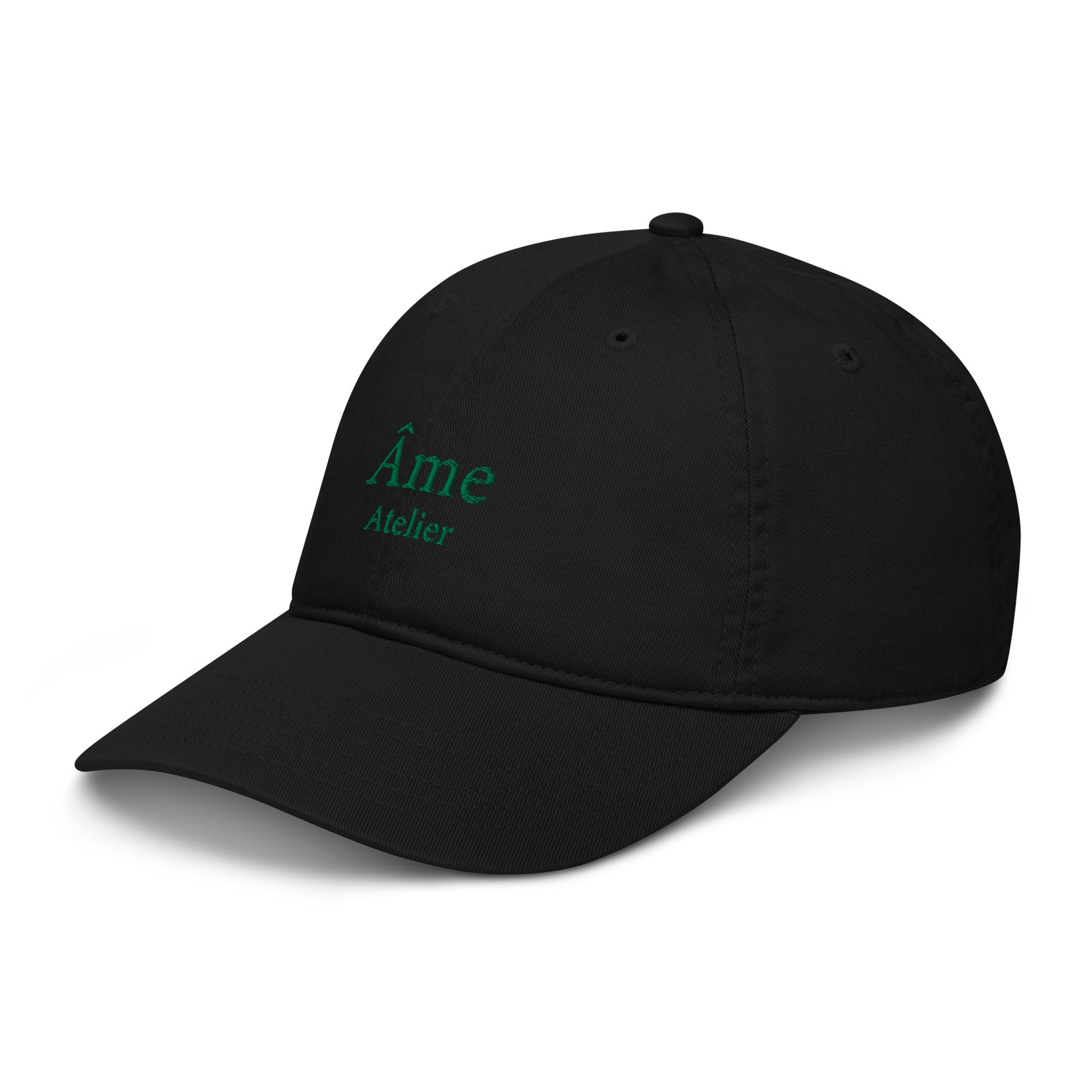 Side view of Âme Atelier embroidered cap in black