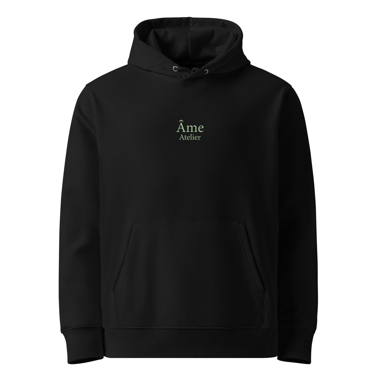 Front view of Âme Atelier Club organic cotton hoodie in black with pistachio details