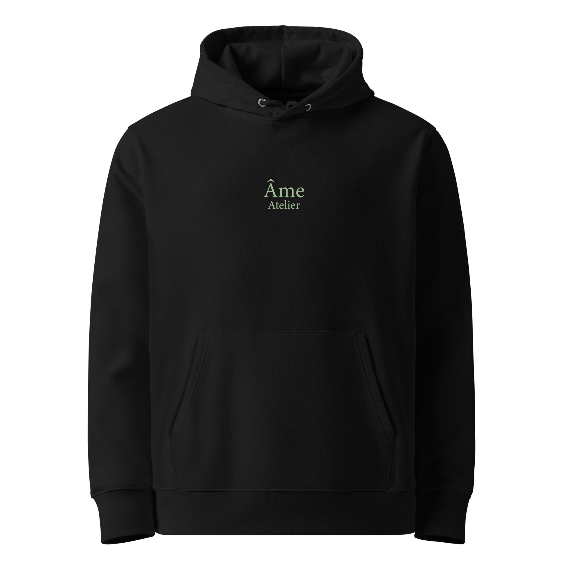 Front view of Âme Atelier Club organic cotton hoodie in black with pistachio details