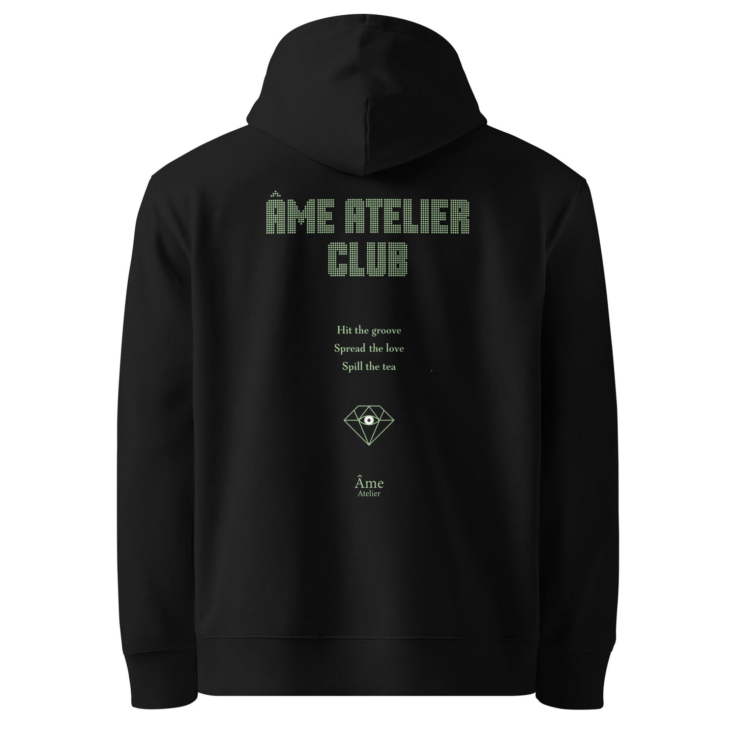 Back view of Âme Atelier Club organic hoodie in black with pistachio details