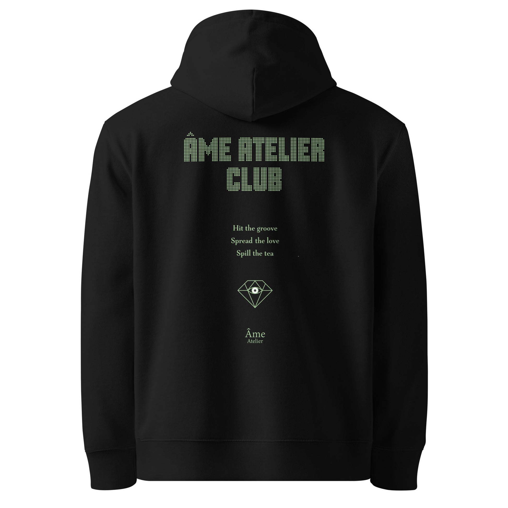 Back view of Âme Atelier Club organic hoodie in black with pistachio details