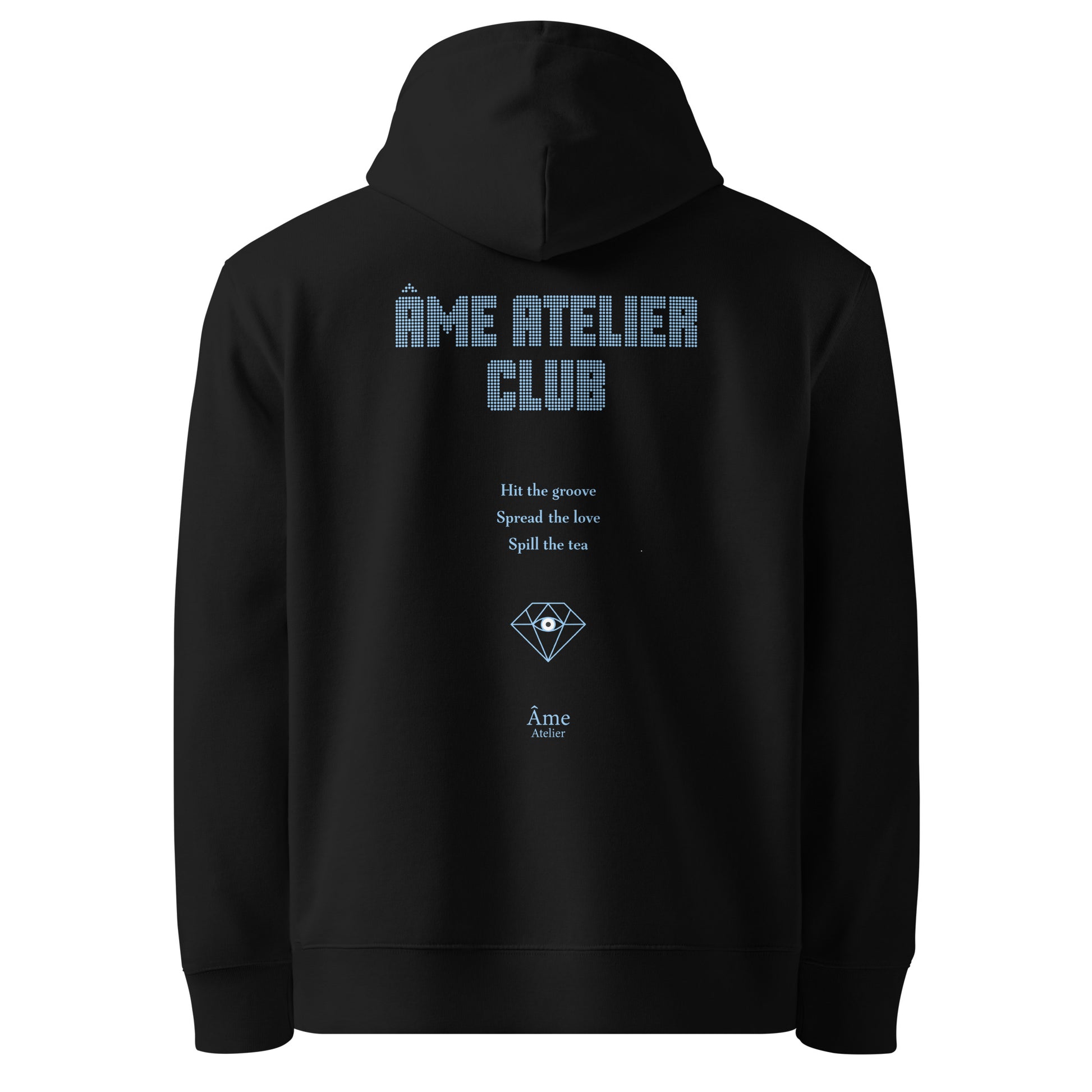 Back view of Âme Atelier Club organic cotton hoodie in black with frozen blue details