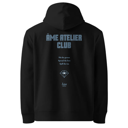 Back view of Âme Atelier Club organic cotton hoodie in black with frozen blue details