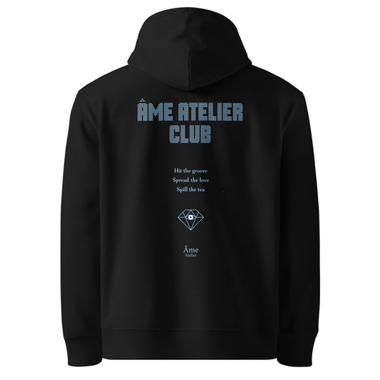 Back view of Âme Atelier Club organic cotton hoodie in black with frozen blue details