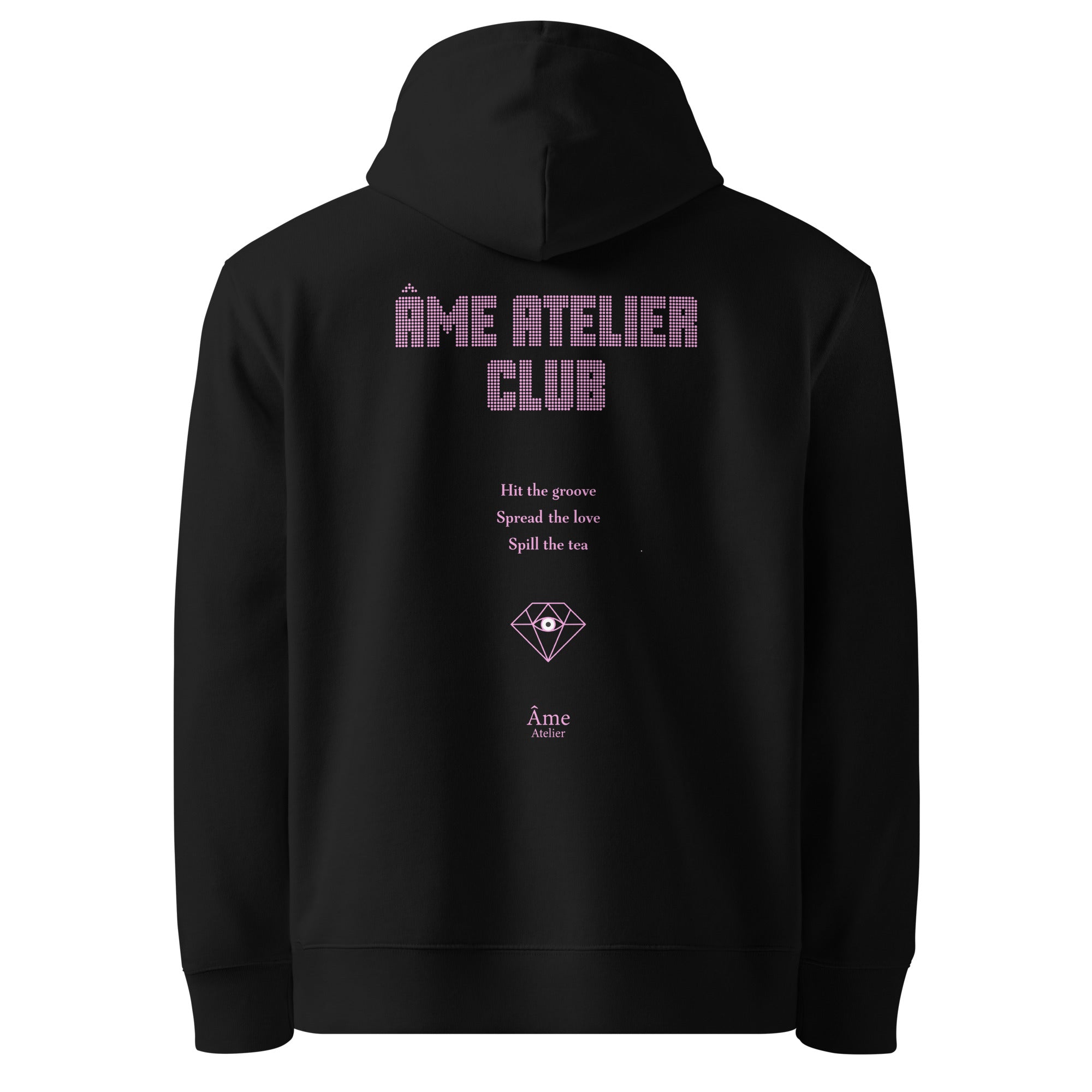 Back view of Âme Atelier Club organic cotton hoodie in black with powder pink details