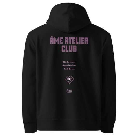 Back view of Âme Atelier Club organic cotton hoodie in black with powder pink details