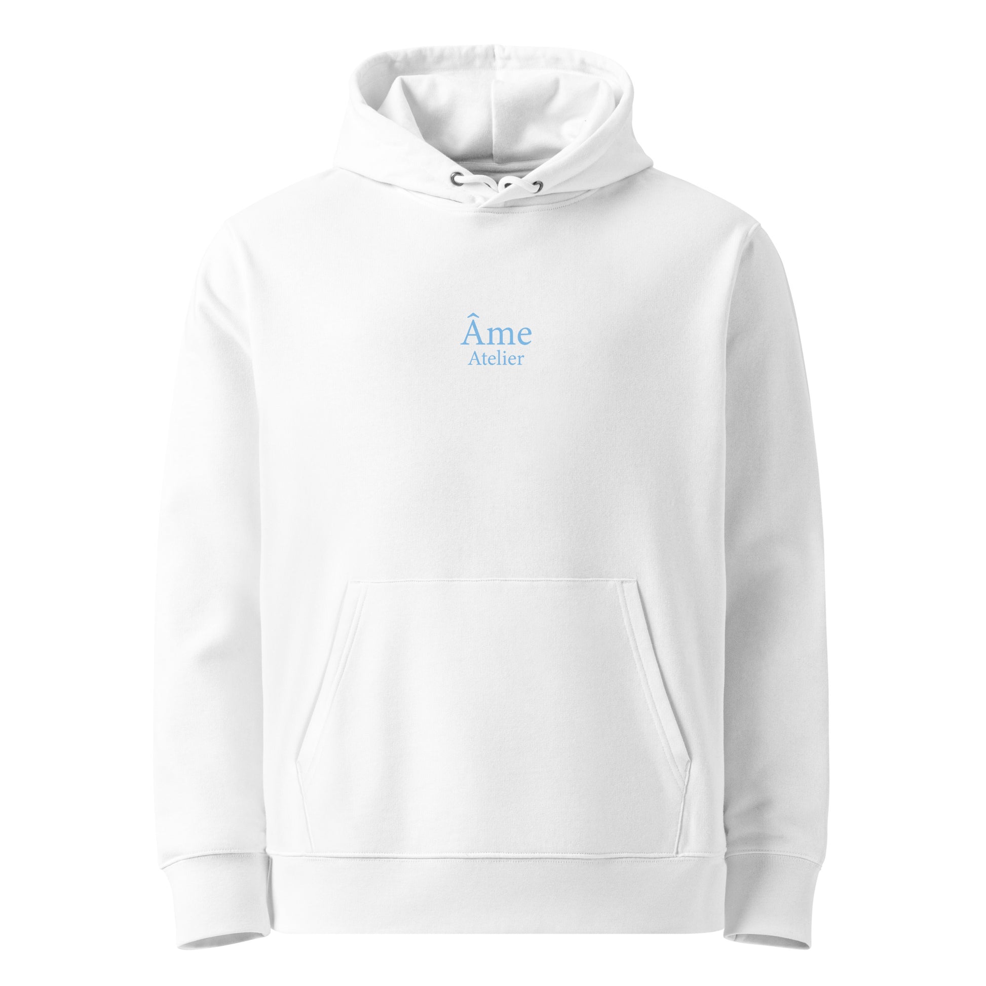 Front view of Âme Atelier Club organic cotton hoodie in white with frozen blue details