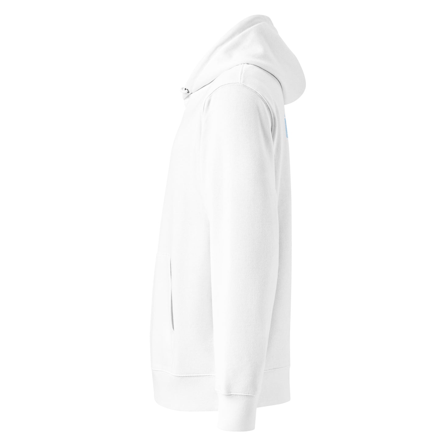Side view of Âme Atelier Club organic cotton hoodie in white with frozen blue details