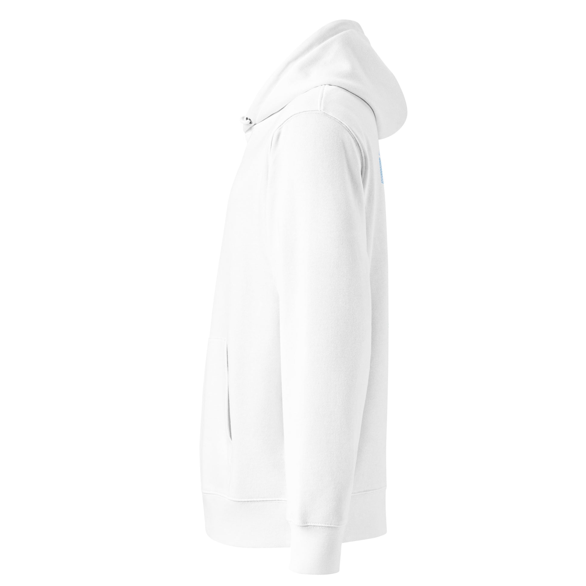 Side view of Âme Atelier Club organic cotton hoodie in white with frozen blue details