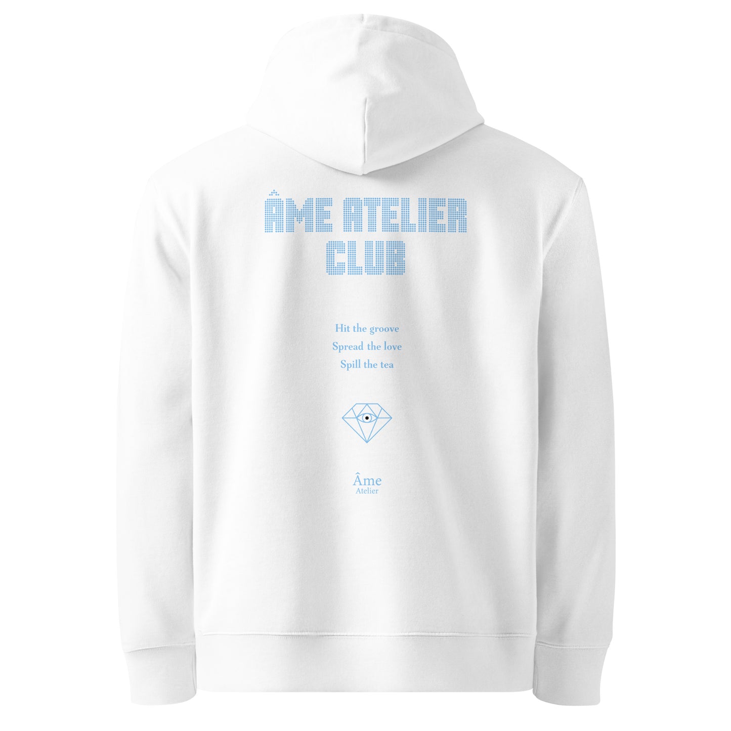 Back view of Âme Atelier Club organic cotton hoodie in white with frozen blue details