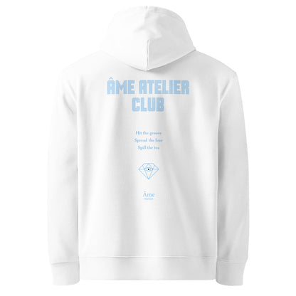 Back view of Âme Atelier Club organic cotton hoodie in white with frozen blue details