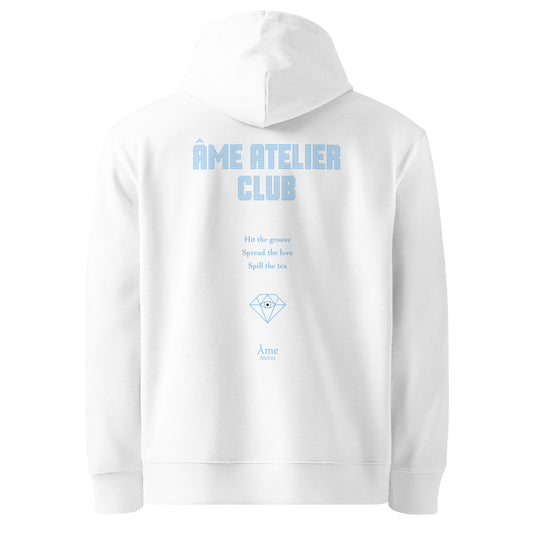Back view of Âme Atelier Club organic cotton hoodie in white with frozen blue details