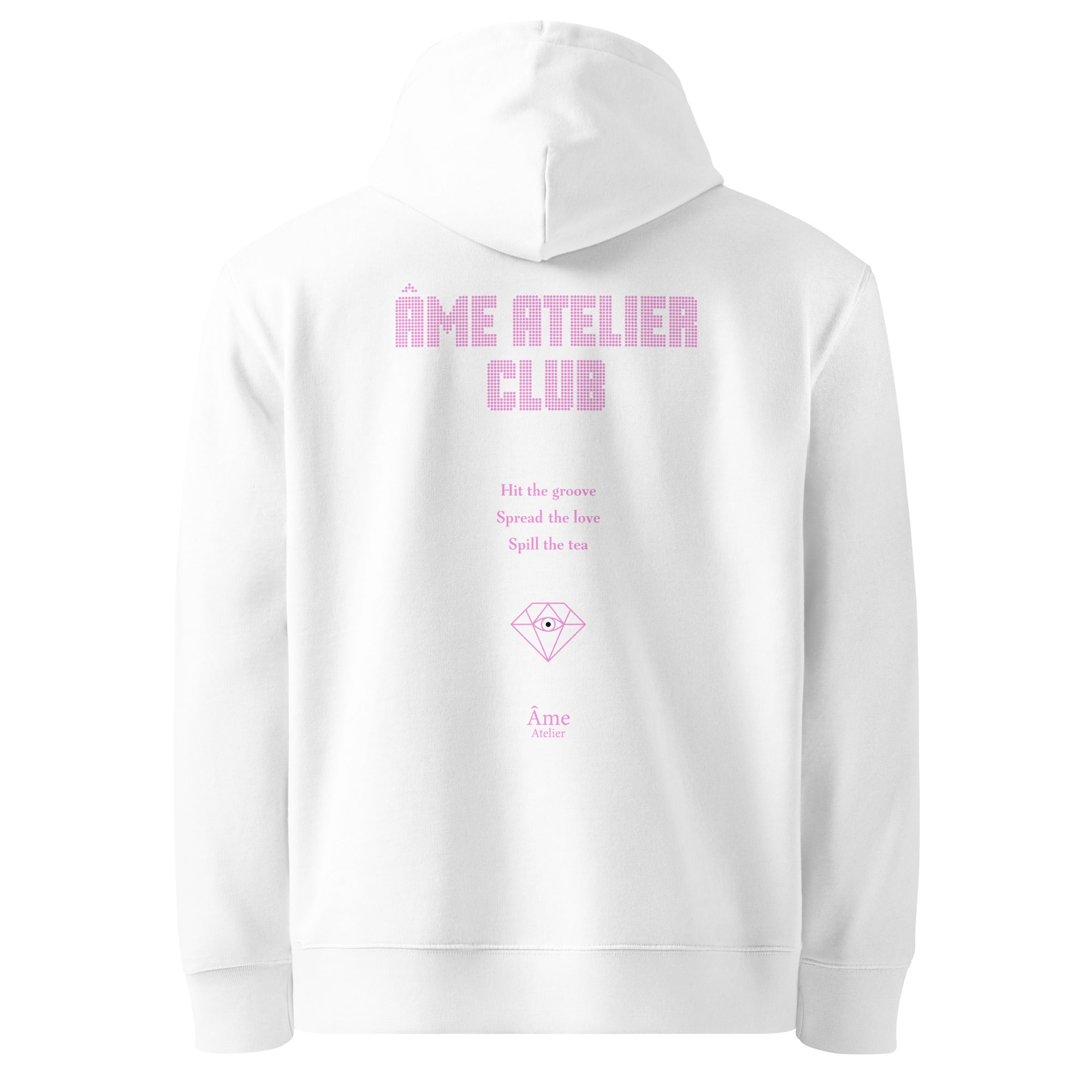 Back view of Âme Atelier Club organic cotton hoodie in white with powder pink details