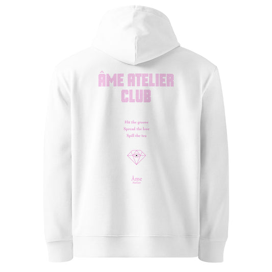 Back view of Âme Atelier Club organic cotton hoodie in white with powder pink details