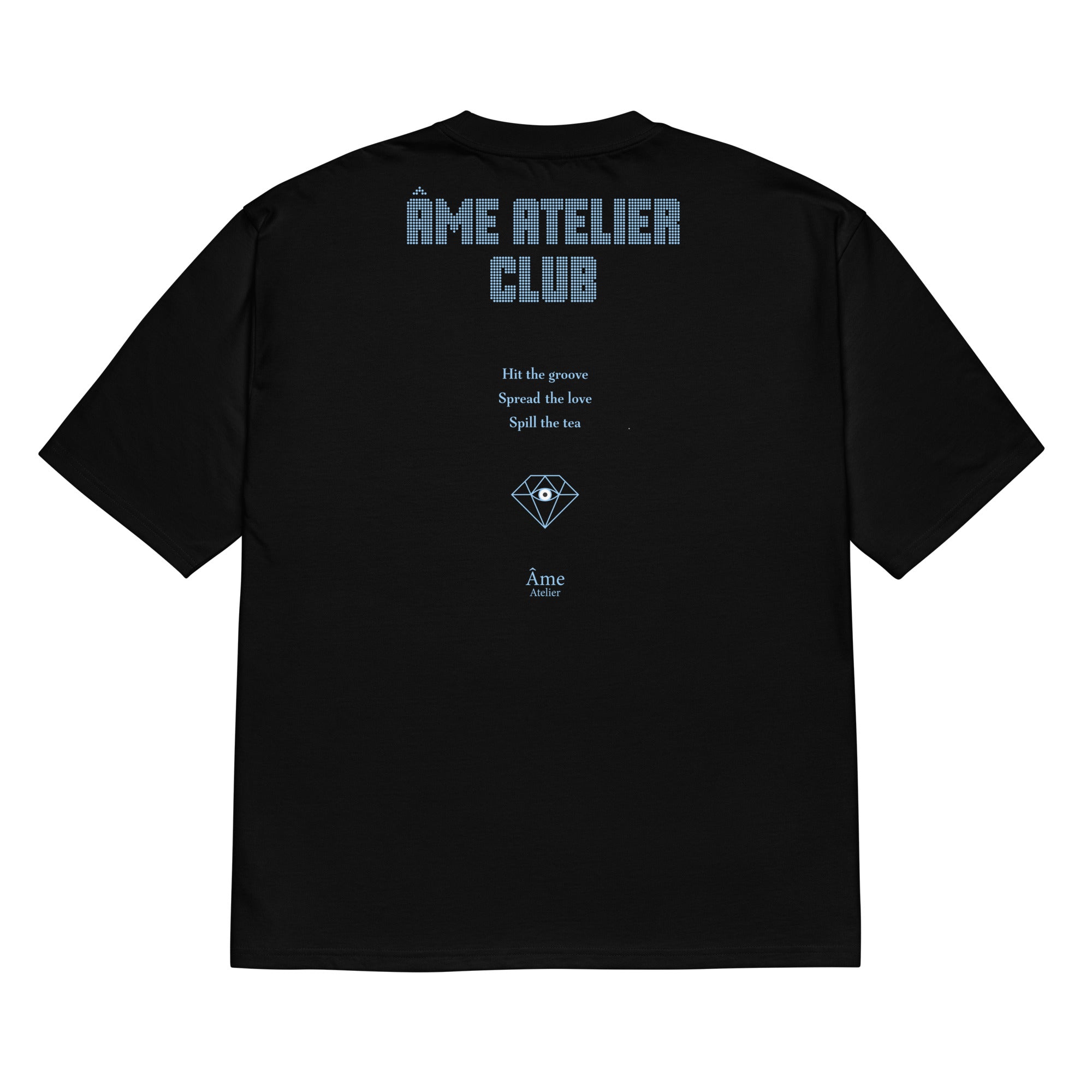 Back view of Âme Atelier Club oversized t-shirt in black with frozen blue details