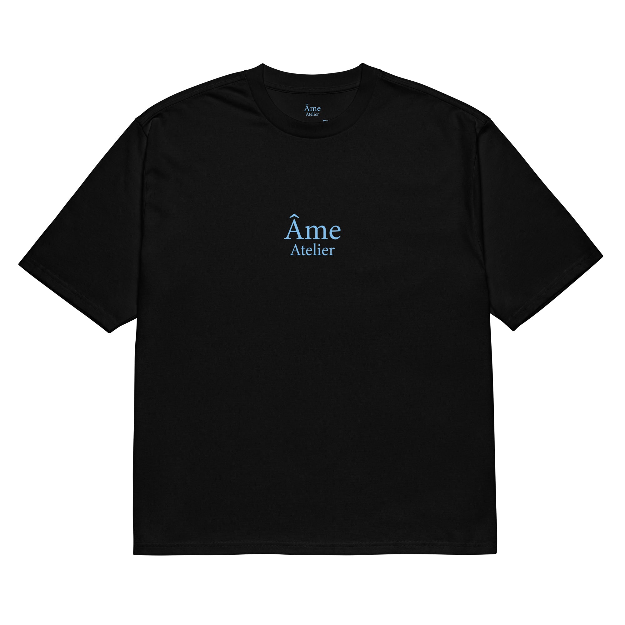 Front view of Âme Atelier Club oversized t-shirt in black with frozen blue details