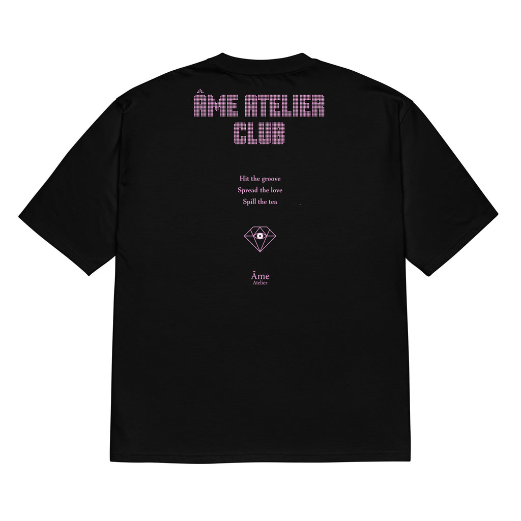 Back view of Âme Atelier Club oversized t-shirt in black with powder pink details