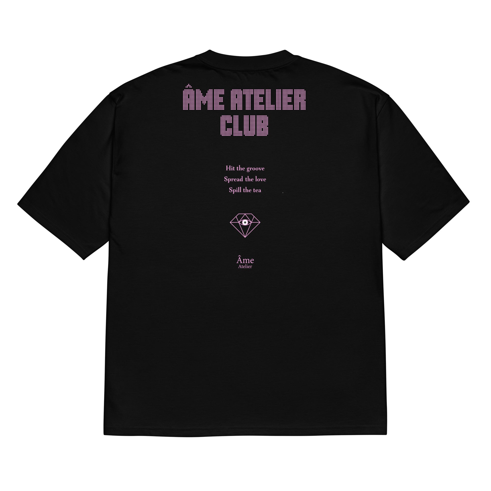 Back view of Âme Atelier Club oversized t-shirt in black with powder pink details
